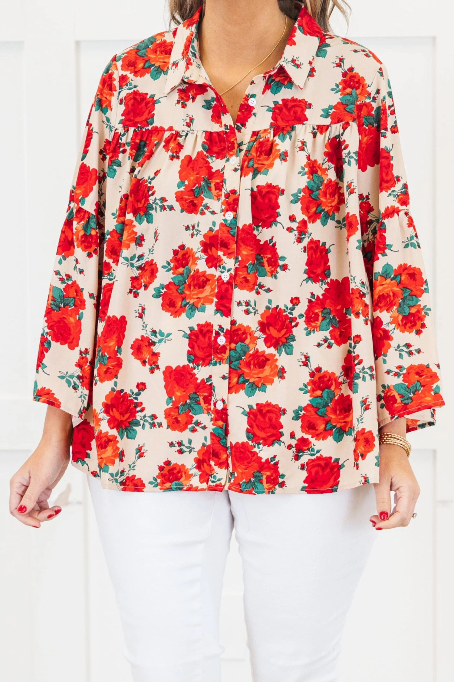 Garden Party Blouse, Red-Beige 7 Garden Party Blouse, Red-Beige - Image 5