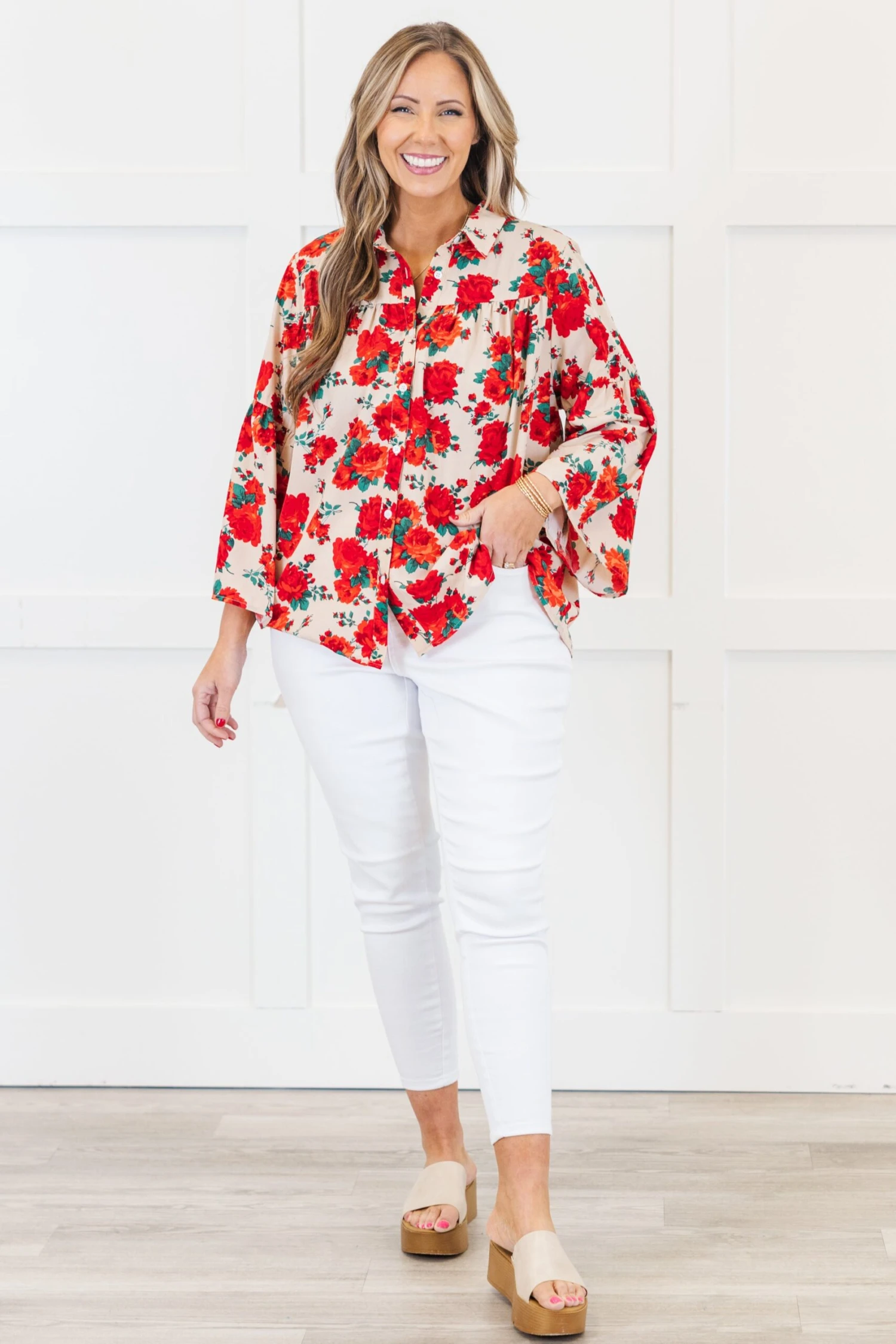 Garden Party Blouse, Red-Beige 4 Garden Party Blouse, Red-Beige - Image 2