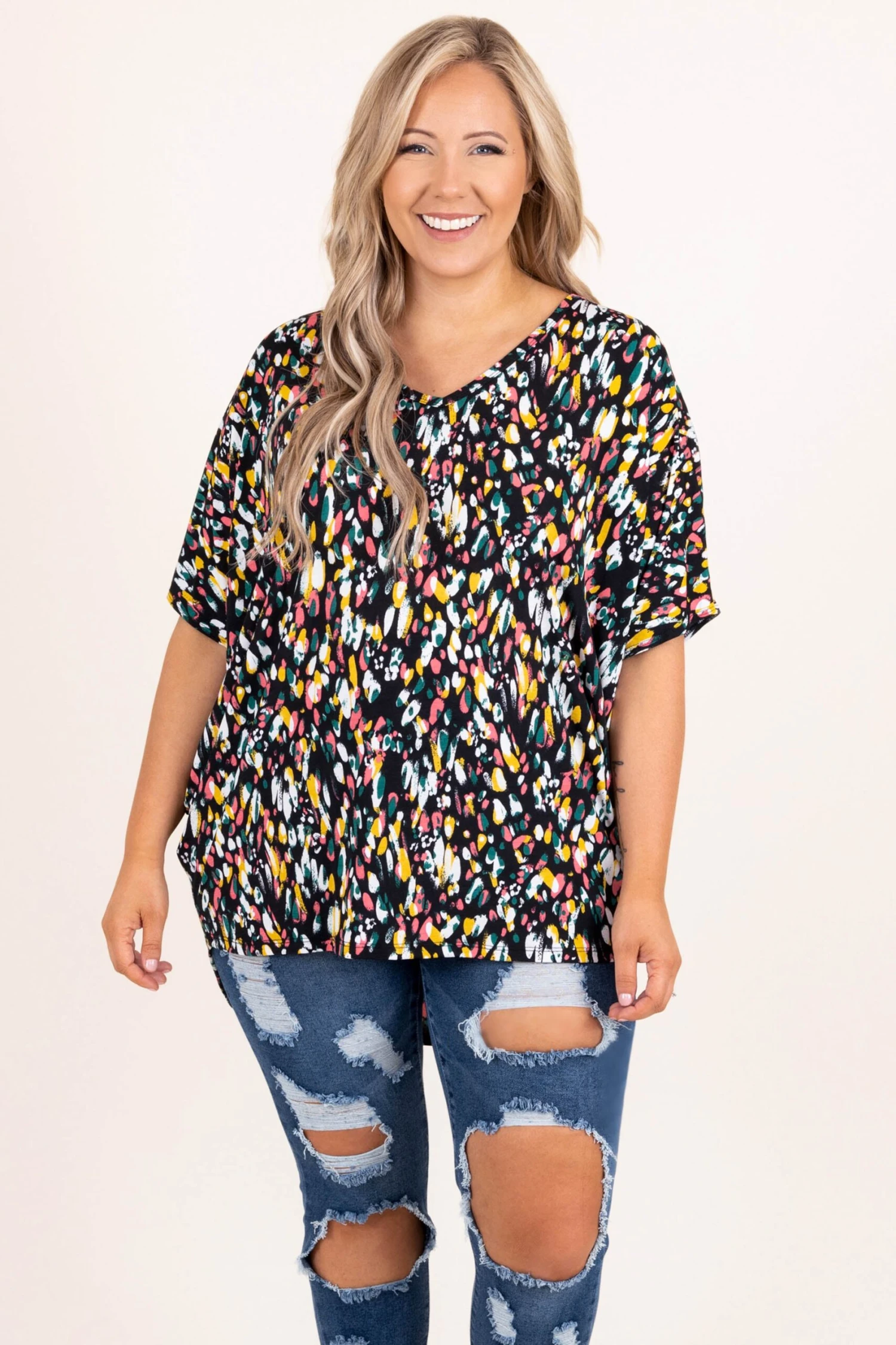 Petal Confetti Top ,Black/Green/Pink 3 Petal Confetti Top ,Black/Green/Pink