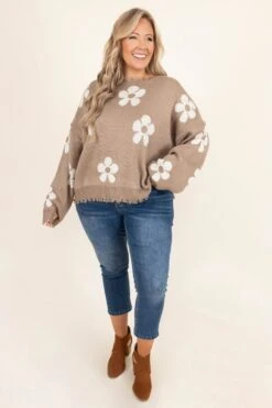 Please Bring Flowers Sweater, Taupe -Chic Soul Store PleaseBringFlowersSweater Taupe 0025