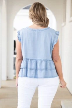 Rich Ruffles Top, Light Denim -Chic Soul Store RichRufflesTop LightDenim 1236