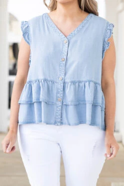 Rich Ruffles Top, Light Denim -Chic Soul Store RichRufflesTop LightDenim 1237
