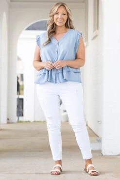 Rich Ruffles Top, Light Denim -Chic Soul Store RichRufflesTop LightDenim 1238