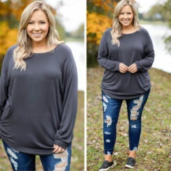 Relaxed Hem Slouchy Dolman Tunic, Charcoal Fleece -Chic Soul Store SidebySideTemp