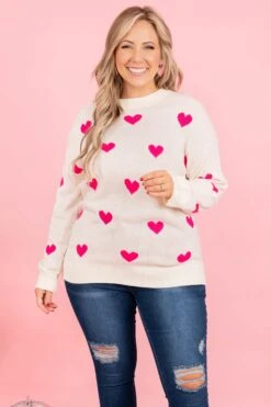 Surrounded By Hearts Sweater, White Pink
