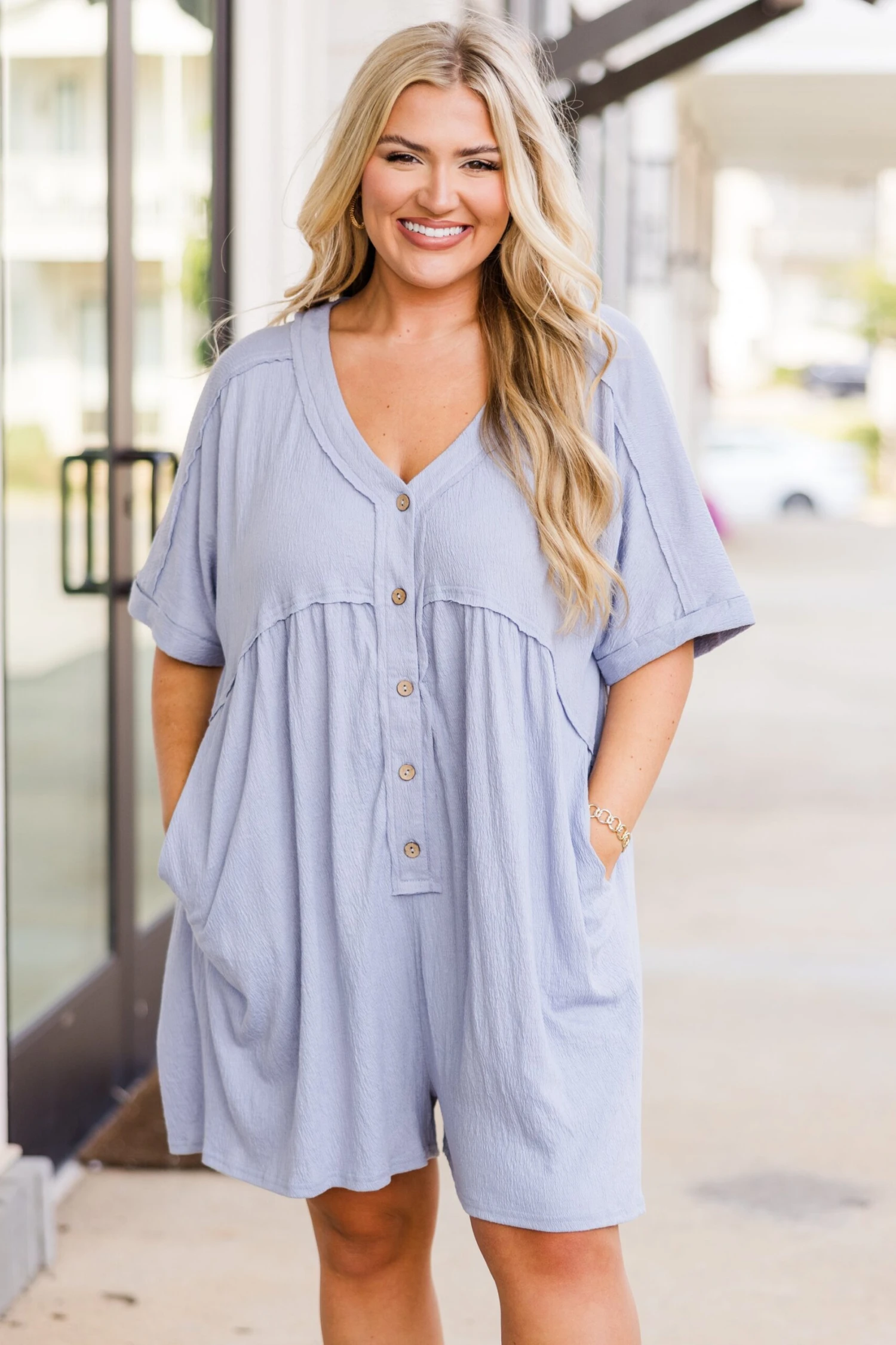 Throw On And Go Romper, Dusty Blue 3 Throw On And Go Romper, Dusty Blue