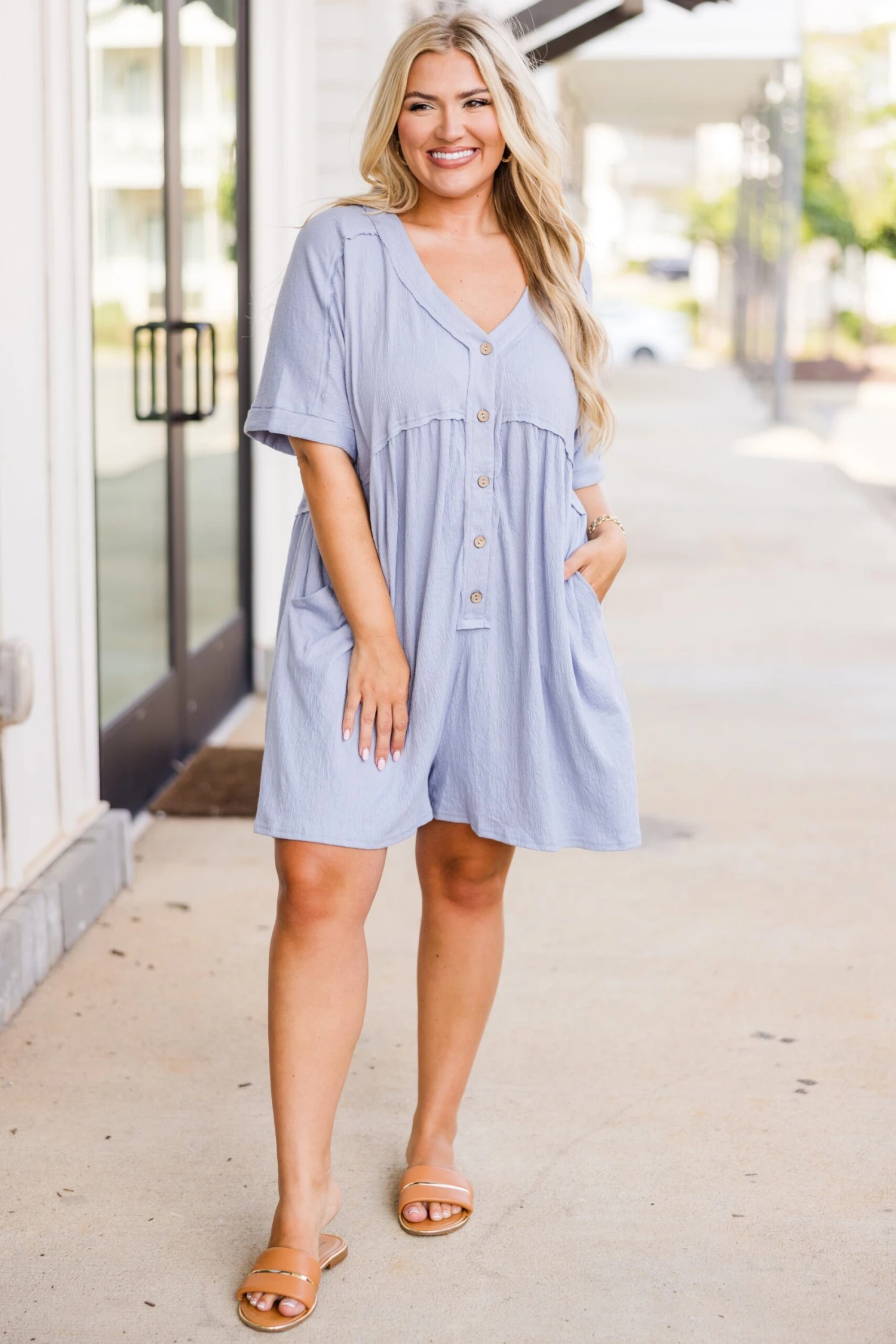 Throw On And Go Romper, Dusty Blue 5 Throw On And Go Romper, Dusty Blue - Image 3