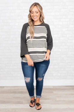 Travel Back In Time Top, Charcoal-Oatmeal -Chic Soul Store TravelBackInTimeTop Charcoal Oatmeal 8984