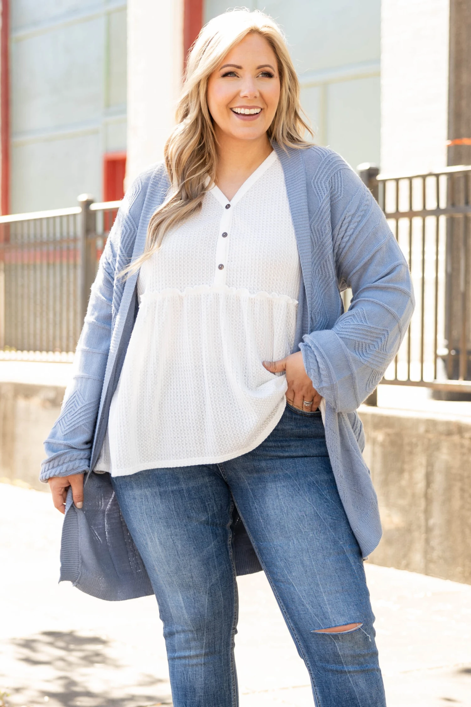 Without A Clue Cardigan, Dusty Blue 3 Without A Clue Cardigan, Dusty Blue